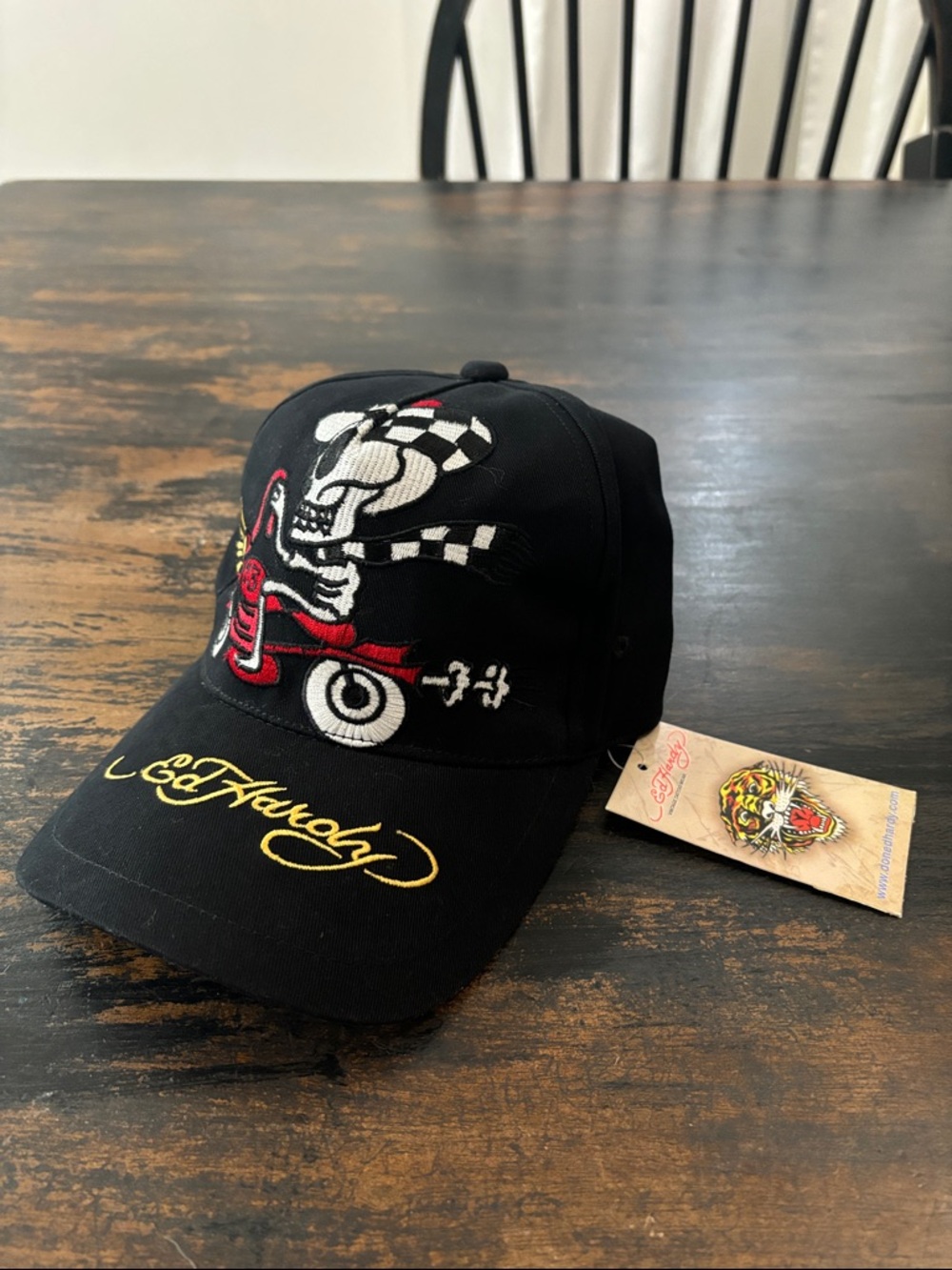 Vintage Ed Hardy Black Kids Skull Racing Cap with Red & White Embroidery